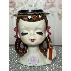 1950s Head Vase Planter • Girl With Hat & Pigtails, Made In Japen, Maker's Mark
